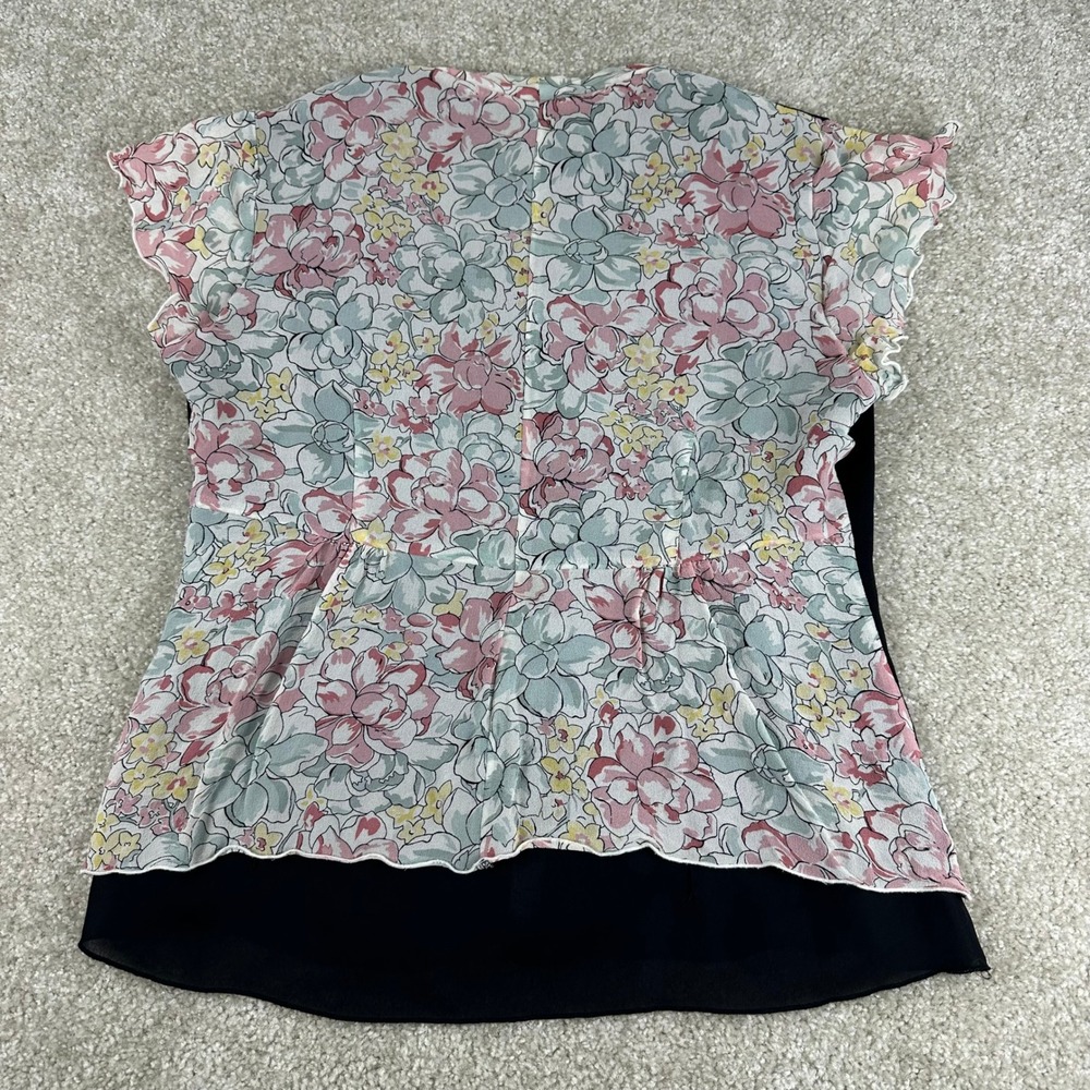 Nine West 100% Silk Floral Tie Neck Blouse Black Pink Flutter Sleeve Top Size 12 - Picture 7 of 7